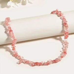 NIB Pink Stone Chip Necklace Boho Beaded Stone Chips Natural Crystal Gemstones